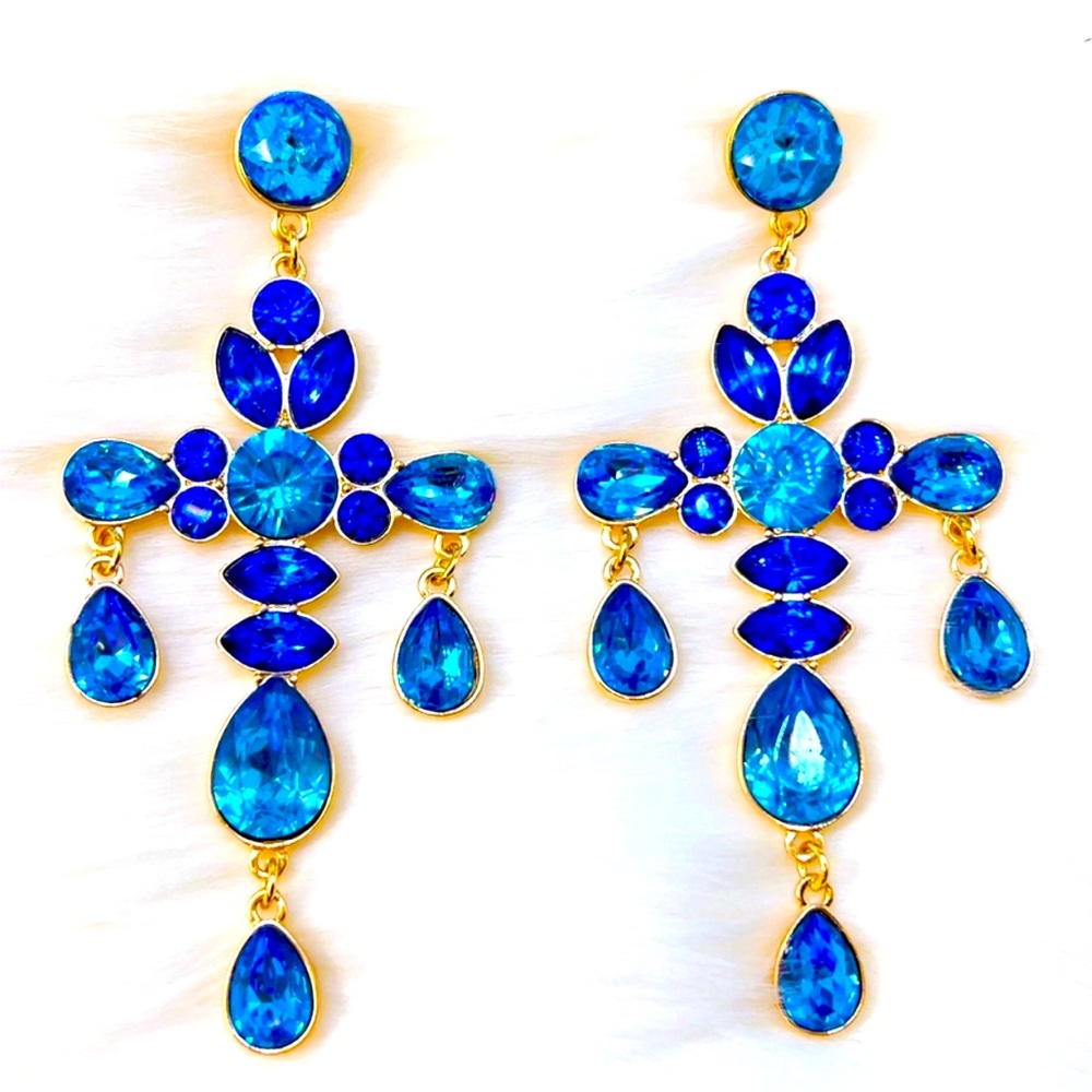 Blue crystal cross gold dangle earrings HIGH QUALITY STUNNERS🔥❤️🔥❤️
